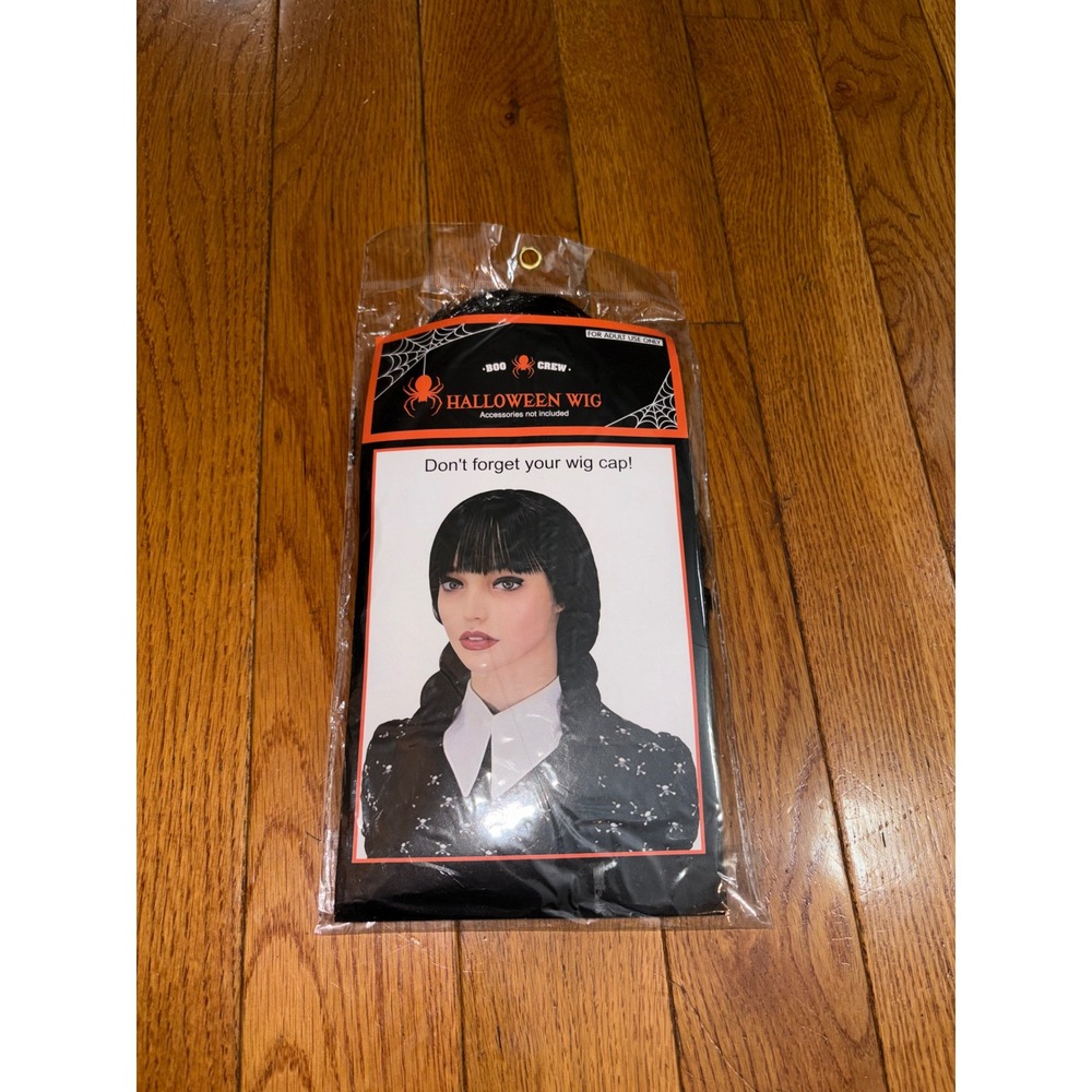 New Boo Crew Halloween Wig Black Braided Pigtails with Bangs Adult G89545T